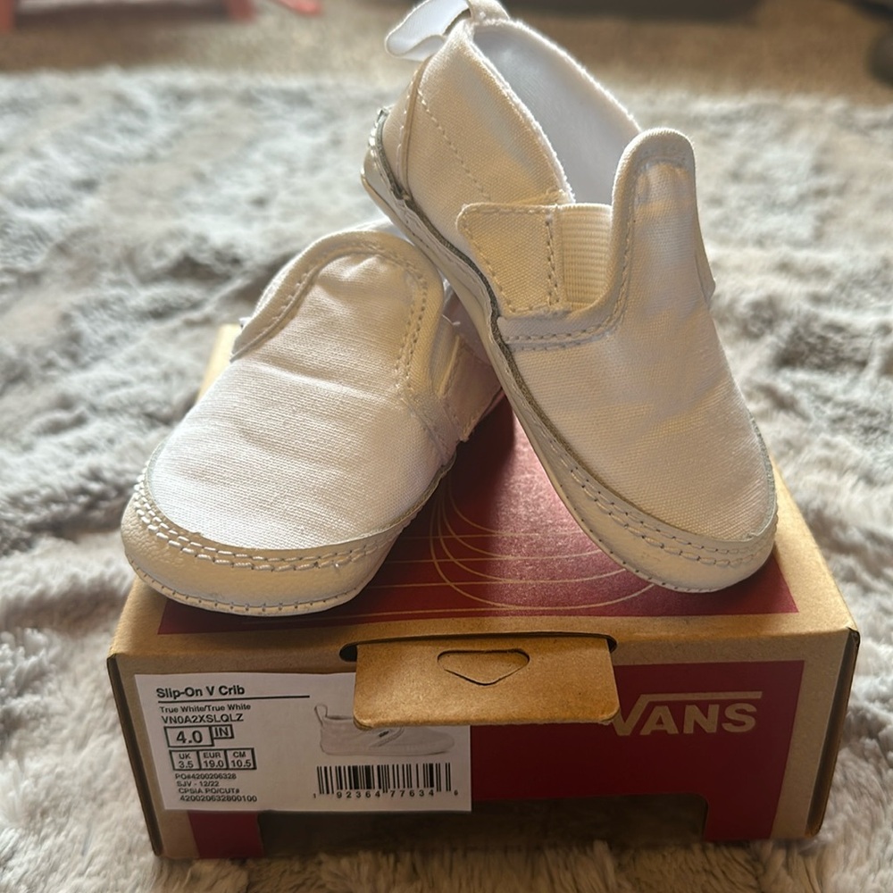Vans white slip on crib shoes, size 4